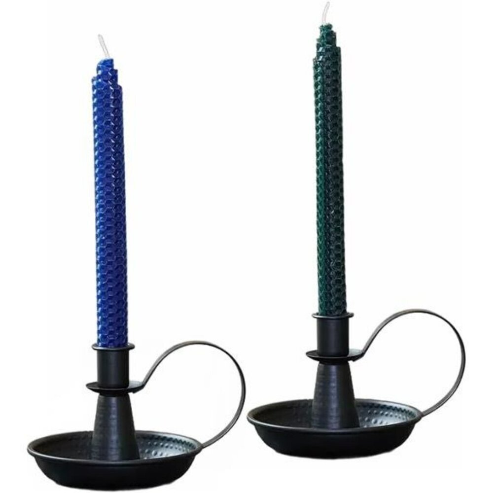Set of 2 black iron taper candle holders vintage candlestick stands for table de